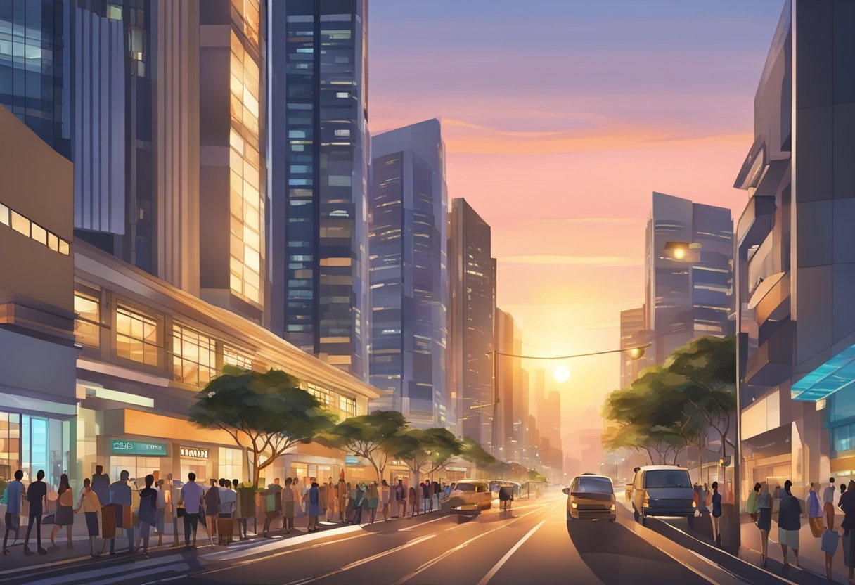 The sun sets behind the bustling streets of Somerset Bencoolen, Singapore, as people come and go, and the city lights begin to illuminate the night