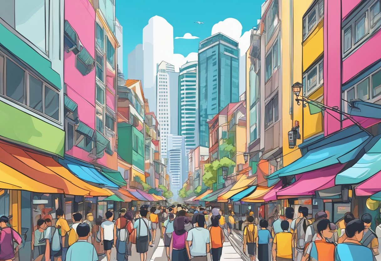 A bustling street in Singapore with colorful signs and crowds of people. The skyline is dotted with modern skyscrapers, and traditional shophouses line the narrow lanes