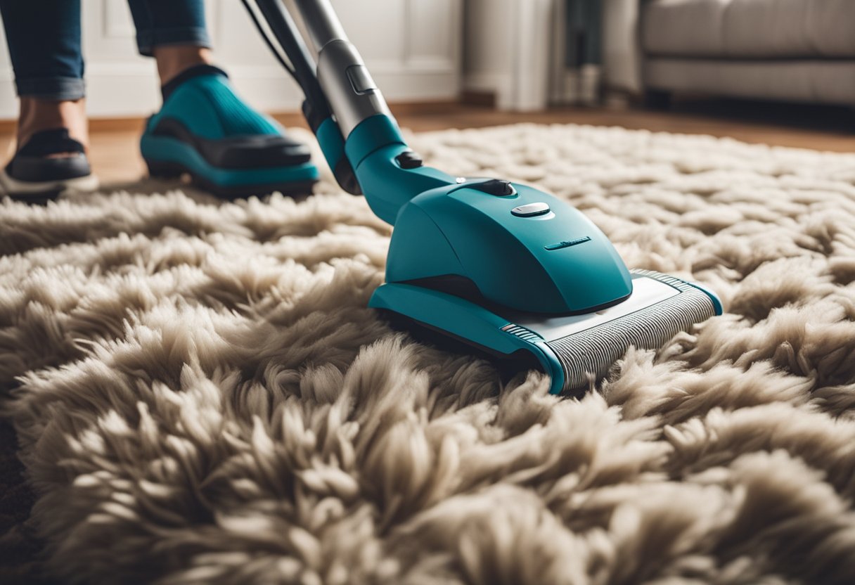 A pet owner vacuuming and cleaning their home, washing pet bedding, and applying flea treatment to their pets