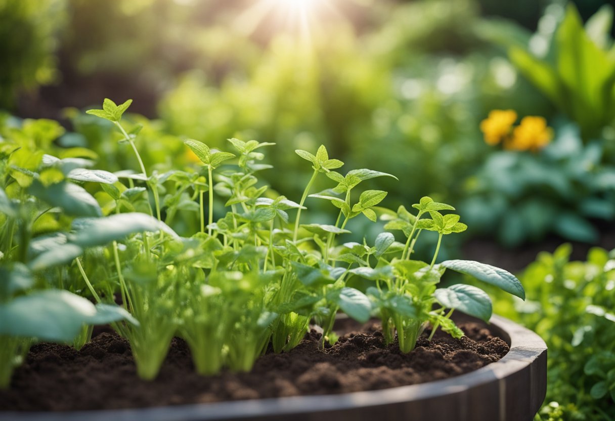 A lush organic garden with healthy plants, surrounded by natural pest control methods such as companion planting, mulching, and beneficial insect habitats