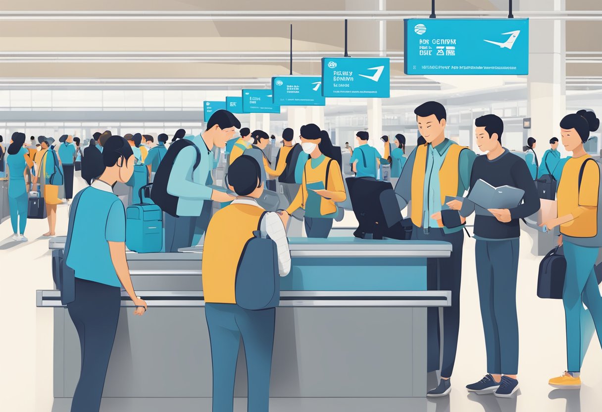 A busy airport check-in counter with XiamenAir signage, a line of passengers, and a customer service representative assisting a traveler with a FAQ brochure