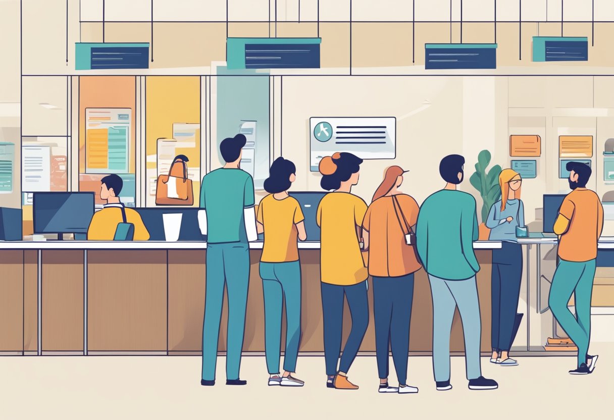 A busy customer service desk with people waiting in line, signage displaying "Frequently Asked Questions," and a modern, clean aesthetic