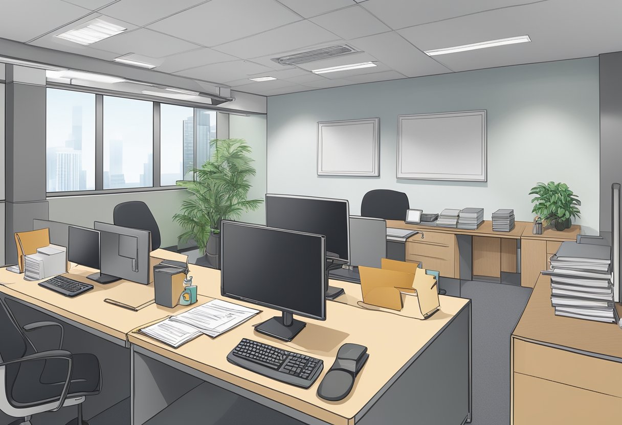 An office scene with a desk, computer, and paperwork. A sign reads "Employment Pass and Work Permit Services" at Bendemeer Road MOM Services Centre, Singapore