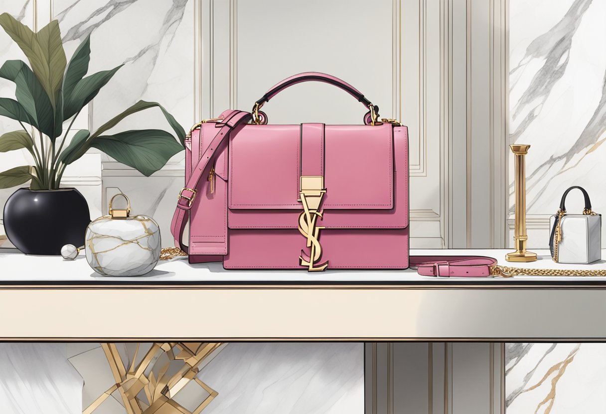 A luxurious YSL bag sits on a marble countertop in a sleek Singapore boutique, surrounded by other designer accessories