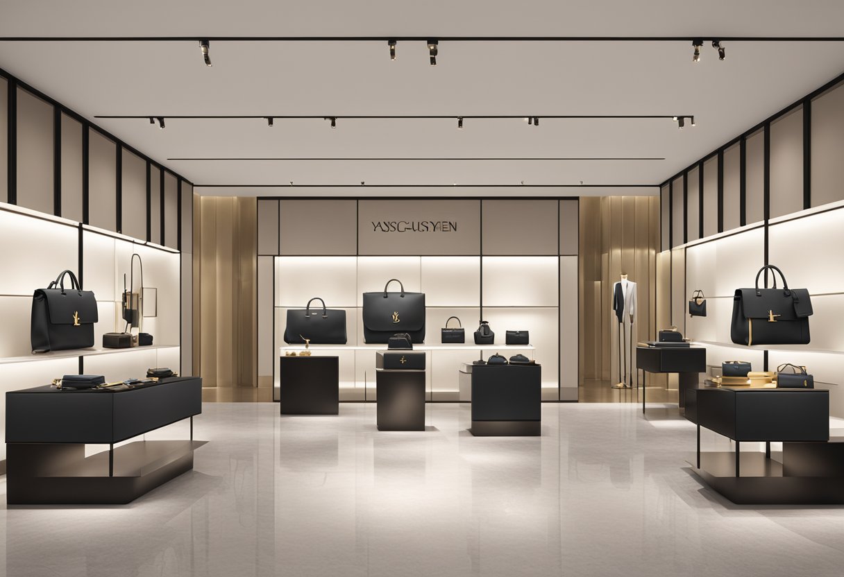 The YSL Bag Collection displayed in a sleek Singapore boutique, spotlighted against a minimalist backdrop