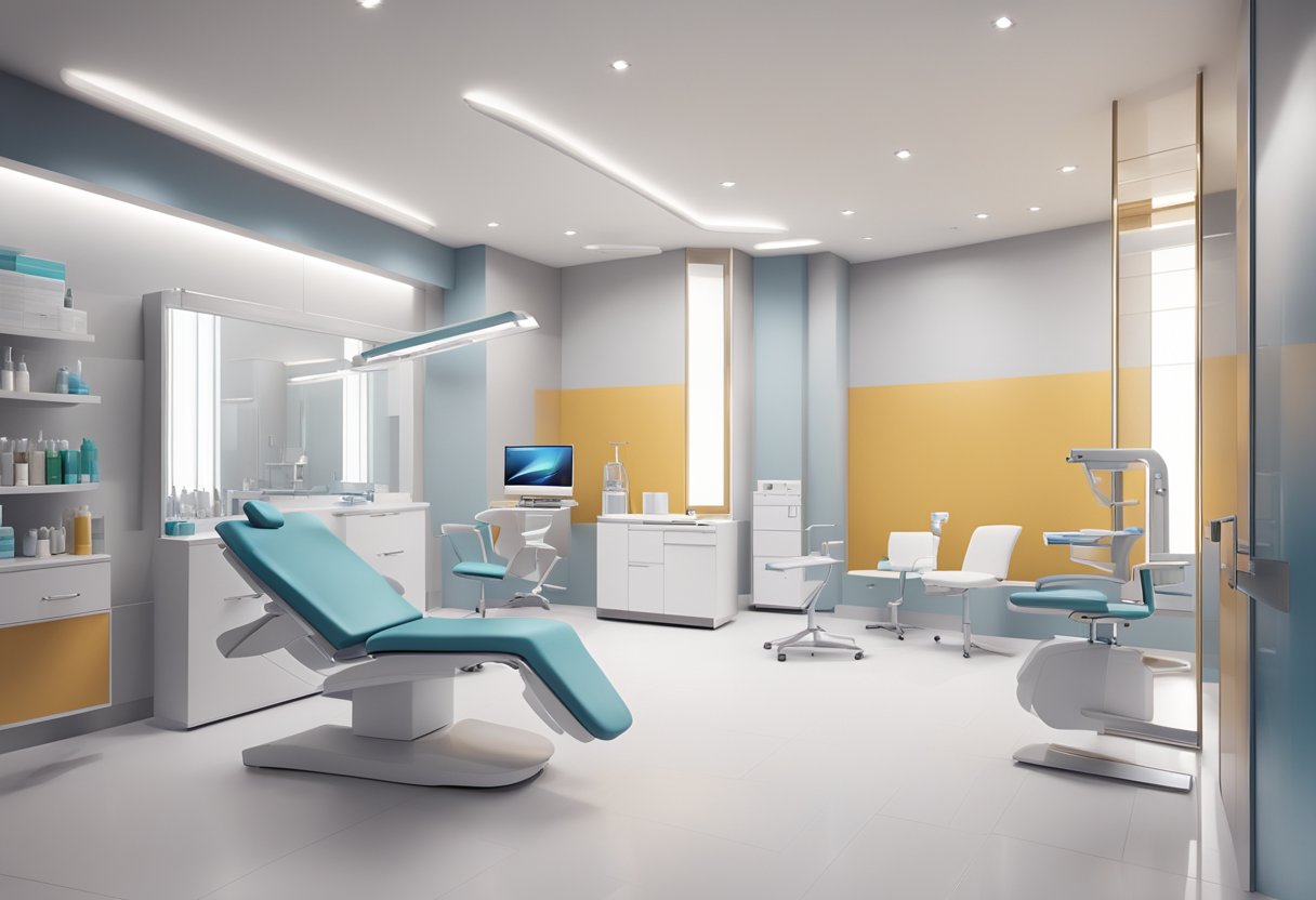 A modern and sleek aesthetic clinic with clean lines, minimalist decor, and state-of-the-art equipment