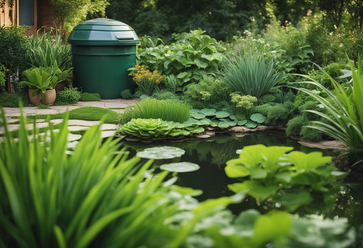 A lush green garden with natural pest-repelling plants, a compost bin, and a small pond for natural predators. No chemical sprays or traps in sight