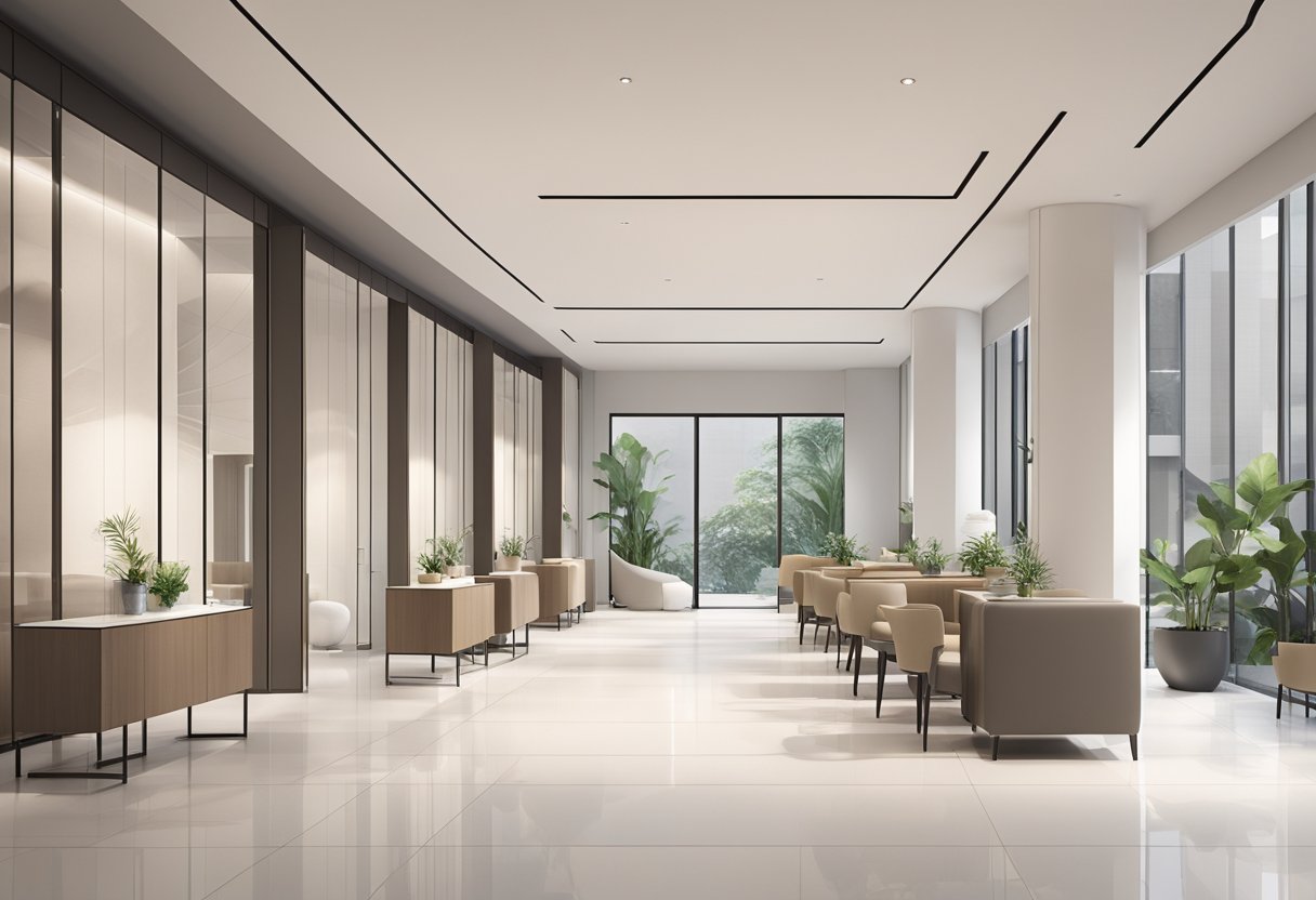 A modern, sleek aesthetic clinic in Singapore with clean lines, minimalist decor, and professional staff assisting clients