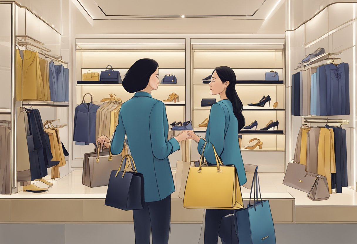 A customer receives personalized assistance while shopping for a YSL bag in a luxurious boutique in Singapore