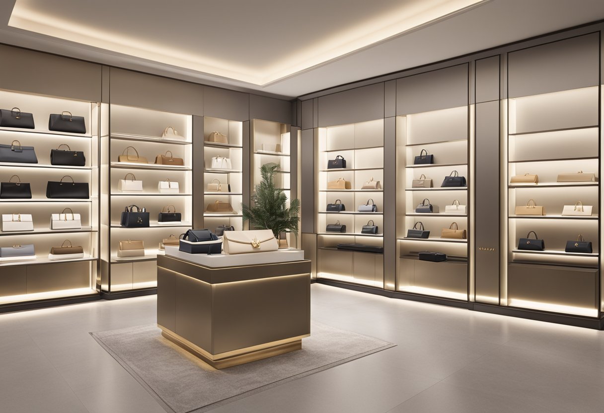 A sleek YSL bag sits on a luxurious store display, surrounded by elegant branding and soft lighting