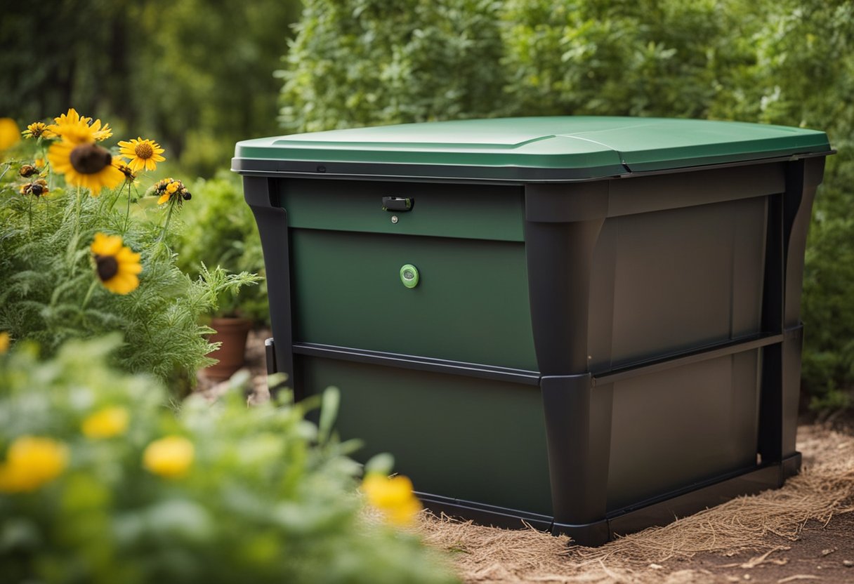 A compost bin sits in the backyard, attracting beneficial insects. Natural pest control methods are used, such as planting companion plants and using essential oils