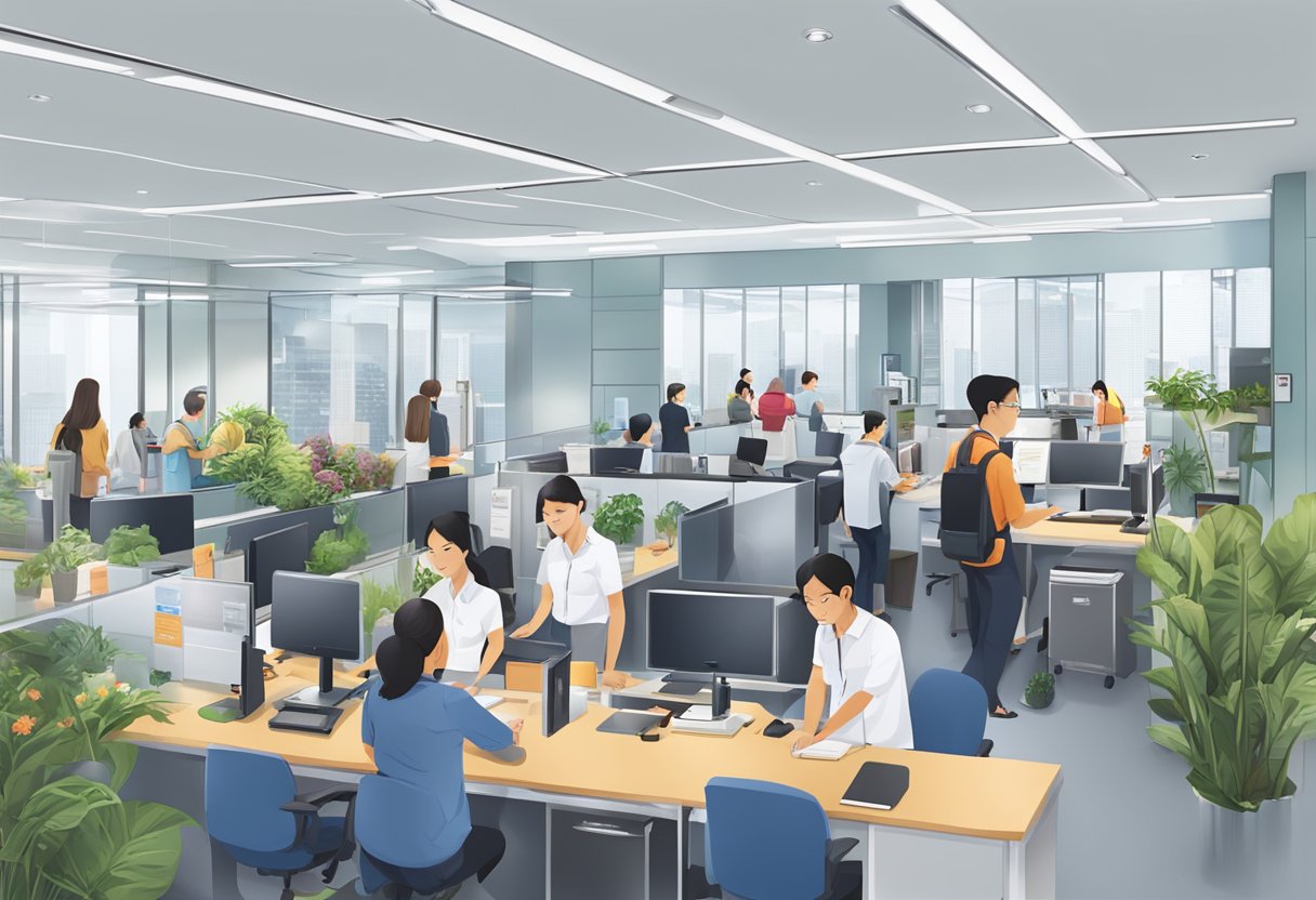 The bustling office of BLS International in Singapore, with people waiting in line and staff assisting customers at the counters
