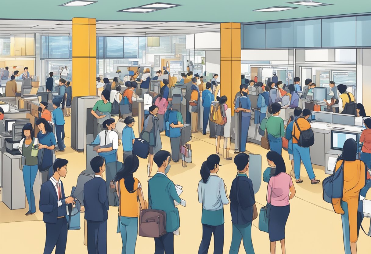 A bustling office with people waiting in line at Visa and Passport Services, BLS International Singapore