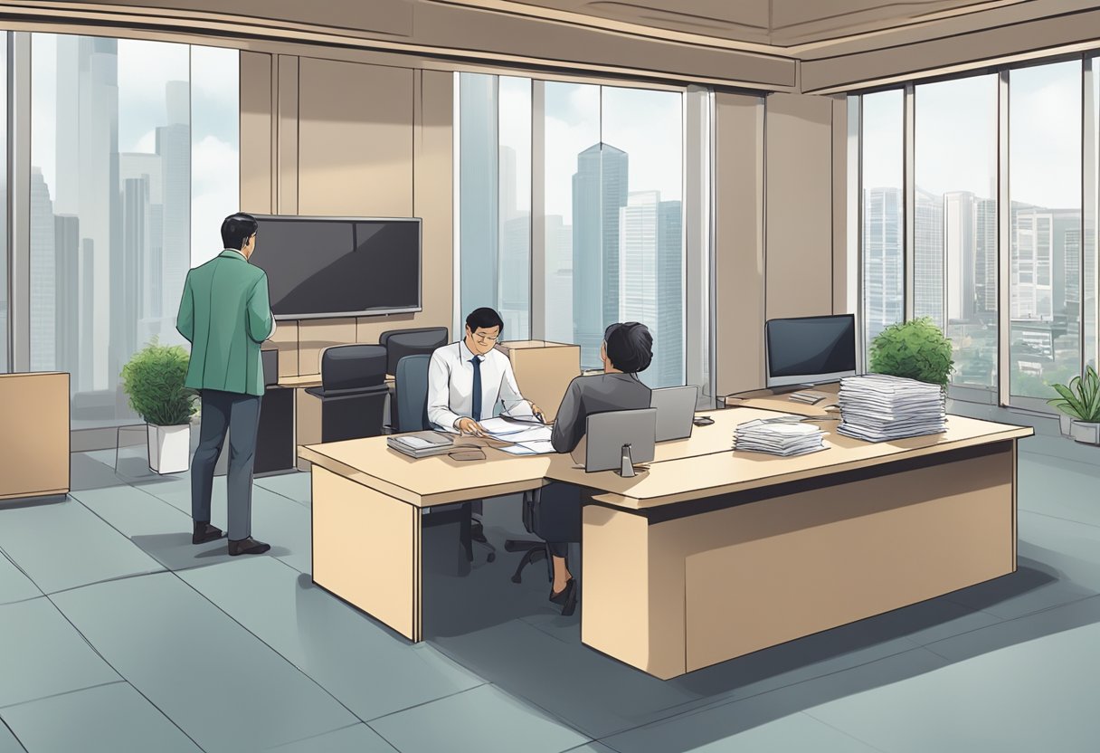 A government office with a desk, official stamps, and documents. A person is receiving document attestation from a consular officer at BLS International Singapore
