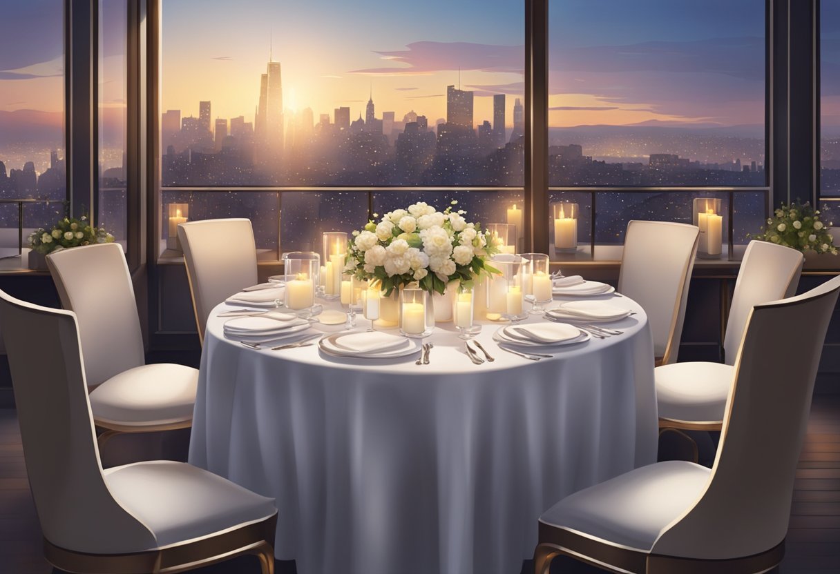 A table set with elegant white linens, surrounded by plush chairs, adorned with flickering candles and fresh flowers, with a view of a bustling city skyline in the background