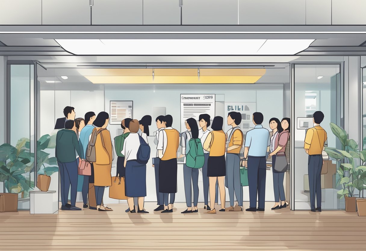 Customers lining up at the BLS International Singapore office, with a sign displaying "Frequently Asked Questions" prominently displayed