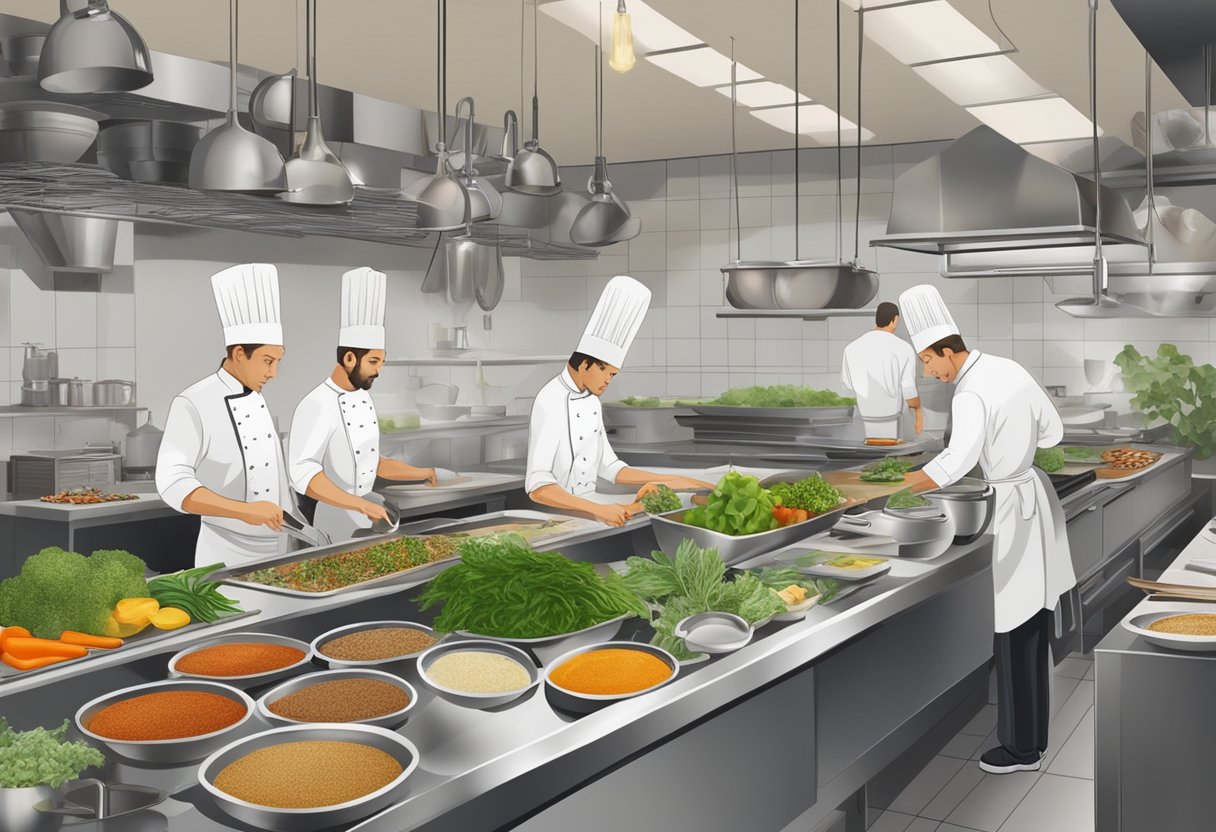 A busy kitchen with chefs preparing dishes, fresh herbs and spices lining the countertops, and the aroma of delicious food filling the air