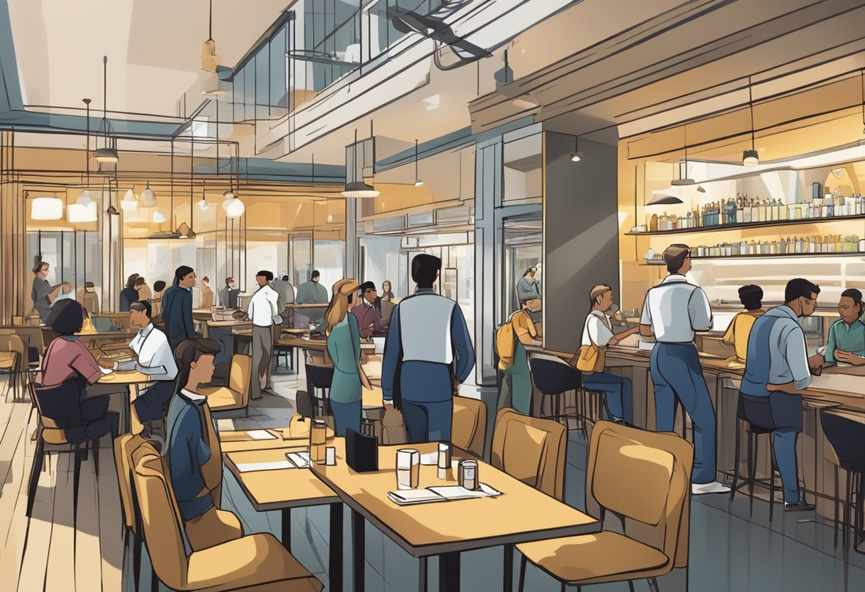 A bustling restaurant with a modern, sleek interior. Customers are engaged in conversations while waitstaff move efficiently between tables. The words "Frequently Asked Questions" are displayed prominently on a digital screen near the entrance