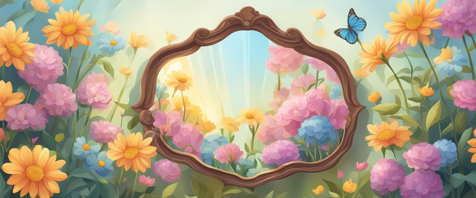 A mirror reflecting the words "I am enough" and "I deserve love" surrounded by colorful flowers and gentle sunlight