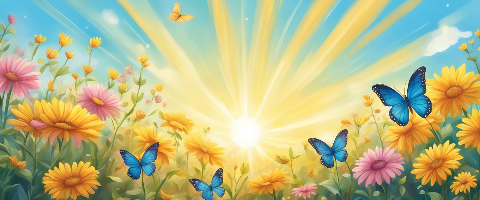A bright sun shines over a field of blooming flowers, with a clear blue sky above. A gentle breeze carries the scent of positivity and self-love, as colorful butterflies flutter around, representing the power of positive affirmations