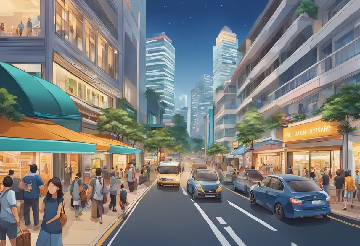 The bustling streets of BullionStar Singapore, with gleaming storefronts and a constant flow of people and vehicles