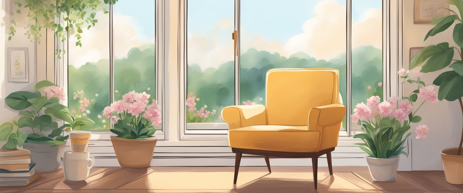 A serene, sunlit space with a cozy armchair, a journal, and a cup of tea. A window overlooks a garden with blooming flowers and a peaceful atmosphere