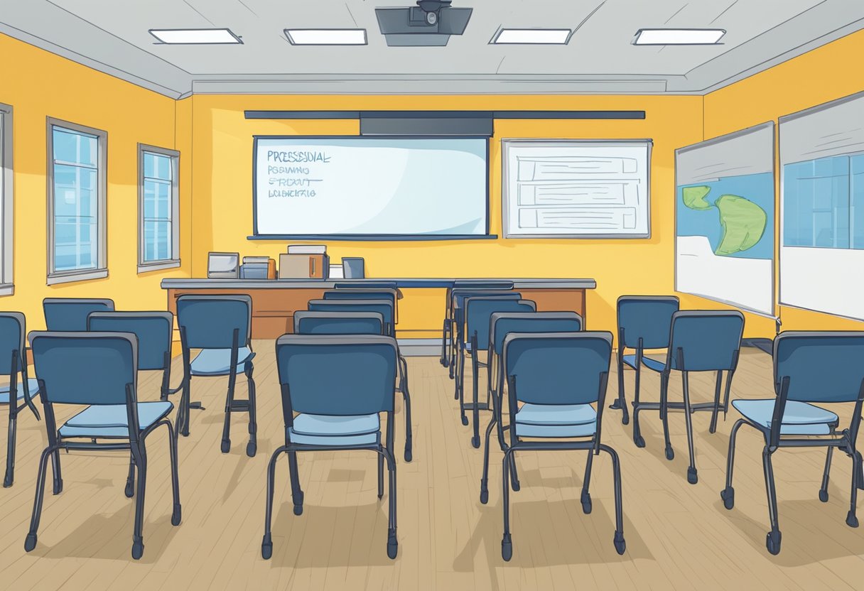 A brightly lit classroom with rows of chairs facing a projector screen. A whiteboard at the front displays "Professional Insights and Development" in bold letters