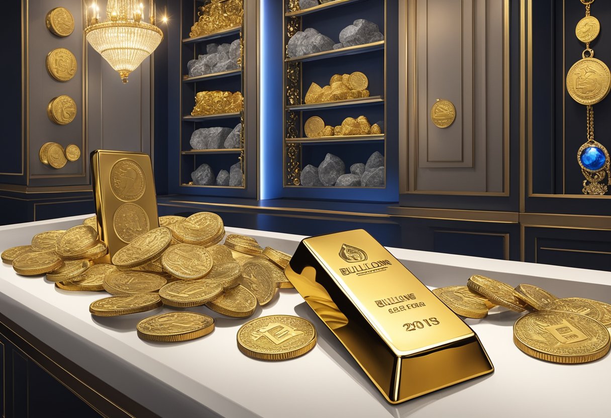 A gleaming gold bar sits atop a velvet-lined display case, surrounded by intricate coins and jewelry. The BullionStar Singapore logo is prominently displayed in the background