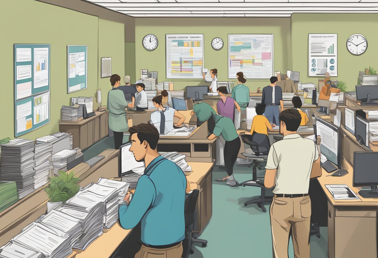 A busy office with people seeking information from staff at a counter, while others read posted signs and pamphlets