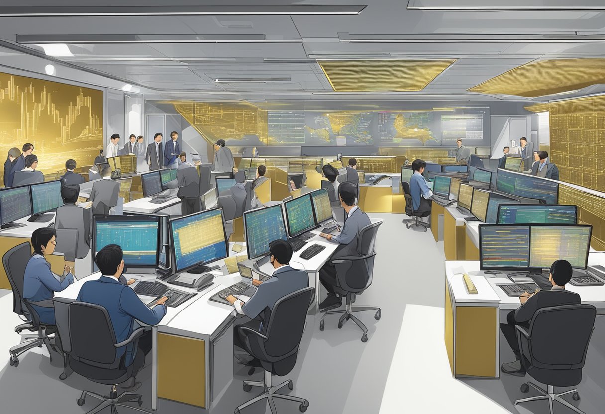 A bustling trading floor at BullionStar Singapore, with traders exchanging gold and silver bars, and investment professionals analyzing market data