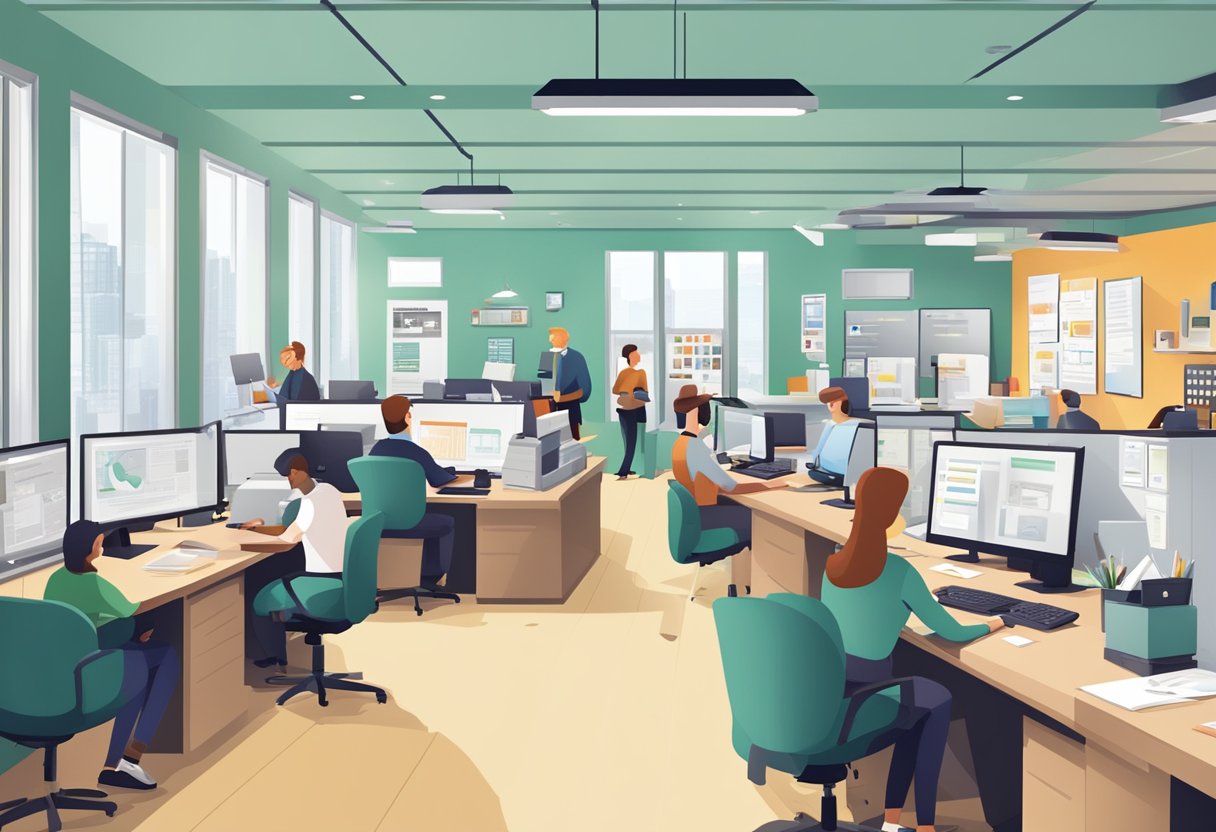 A bustling office with customers at desks, signage, and a FAQ section on a website