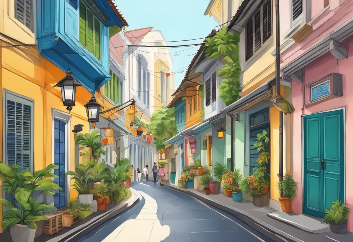 Colorful shophouses line a narrow alley in Singapore, with lanterns and potted plants adorning the entrances. The street is bustling with activity, as visitors explore the vibrant surroundings