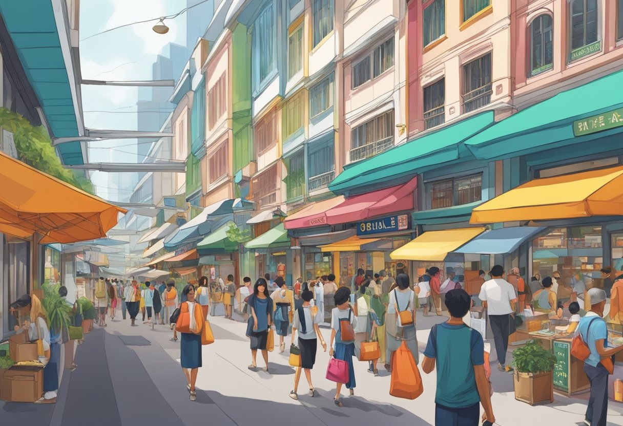 The bustling Change Alley in Singapore evolves from a narrow trading lane to a vibrant shopping destination, filled with diverse cultures and modern architecture