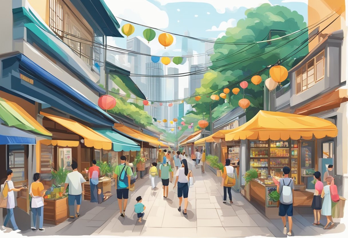 The bustling alley in Singapore showcases a variety of changing attractions and services, with colorful signs and bustling activity
