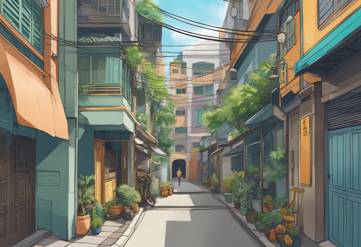 A narrow alley in Singapore with a sign for "Frequently Asked Questions" hanging above. Buildings line the alley, and the scene is bustling with activity