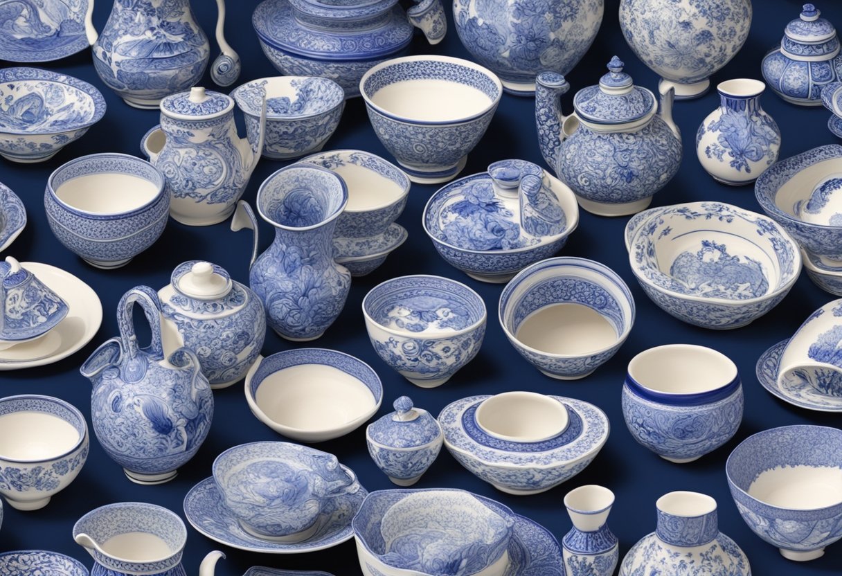A colorful display of intricate Delft Blue pottery, with artists carefully painting delicate designs on ceramic pieces at De Delftse Pauw