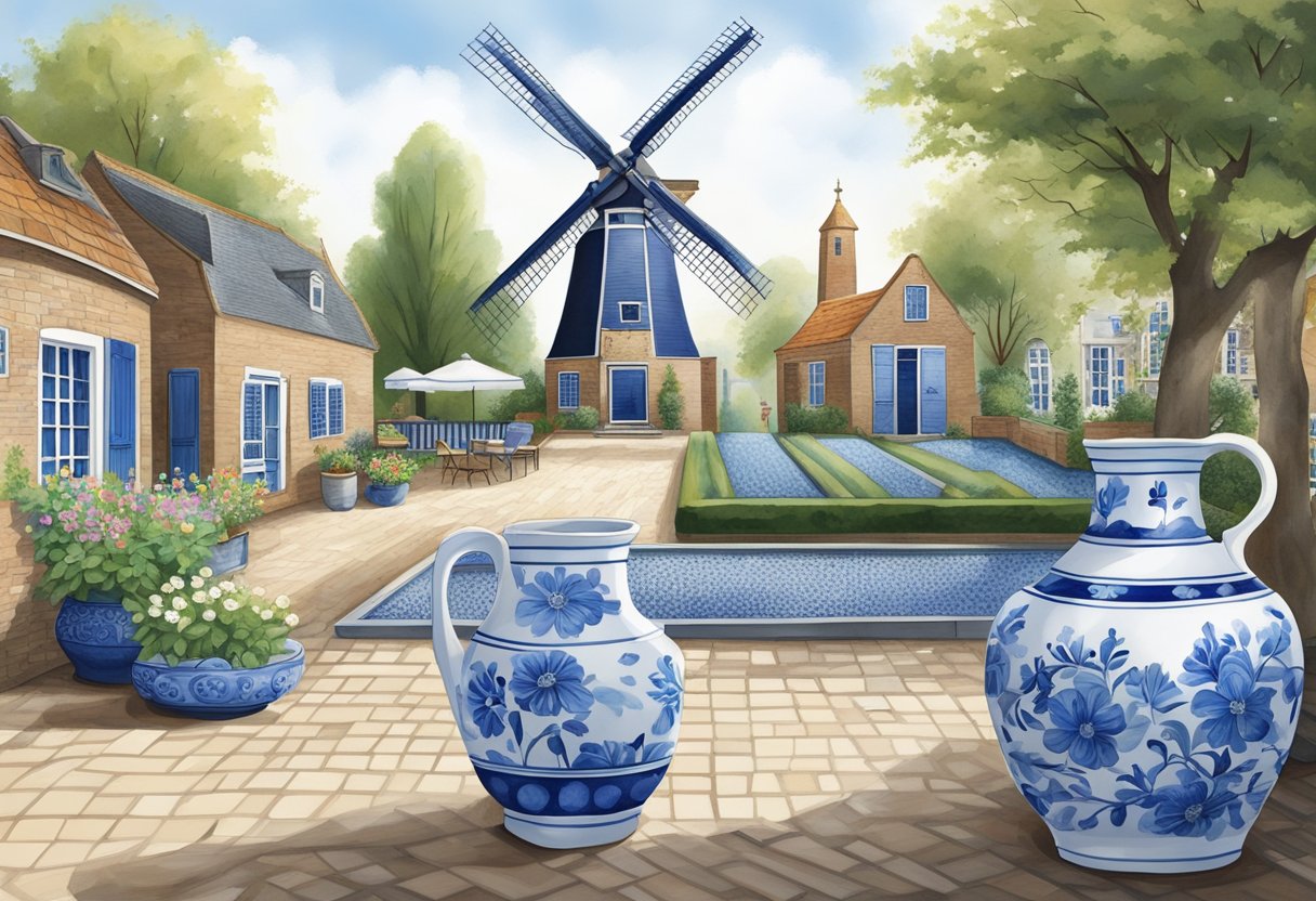 A serene courtyard with a traditional Dutch windmill in the background, surrounded by vibrant blue and white Delft pottery on display