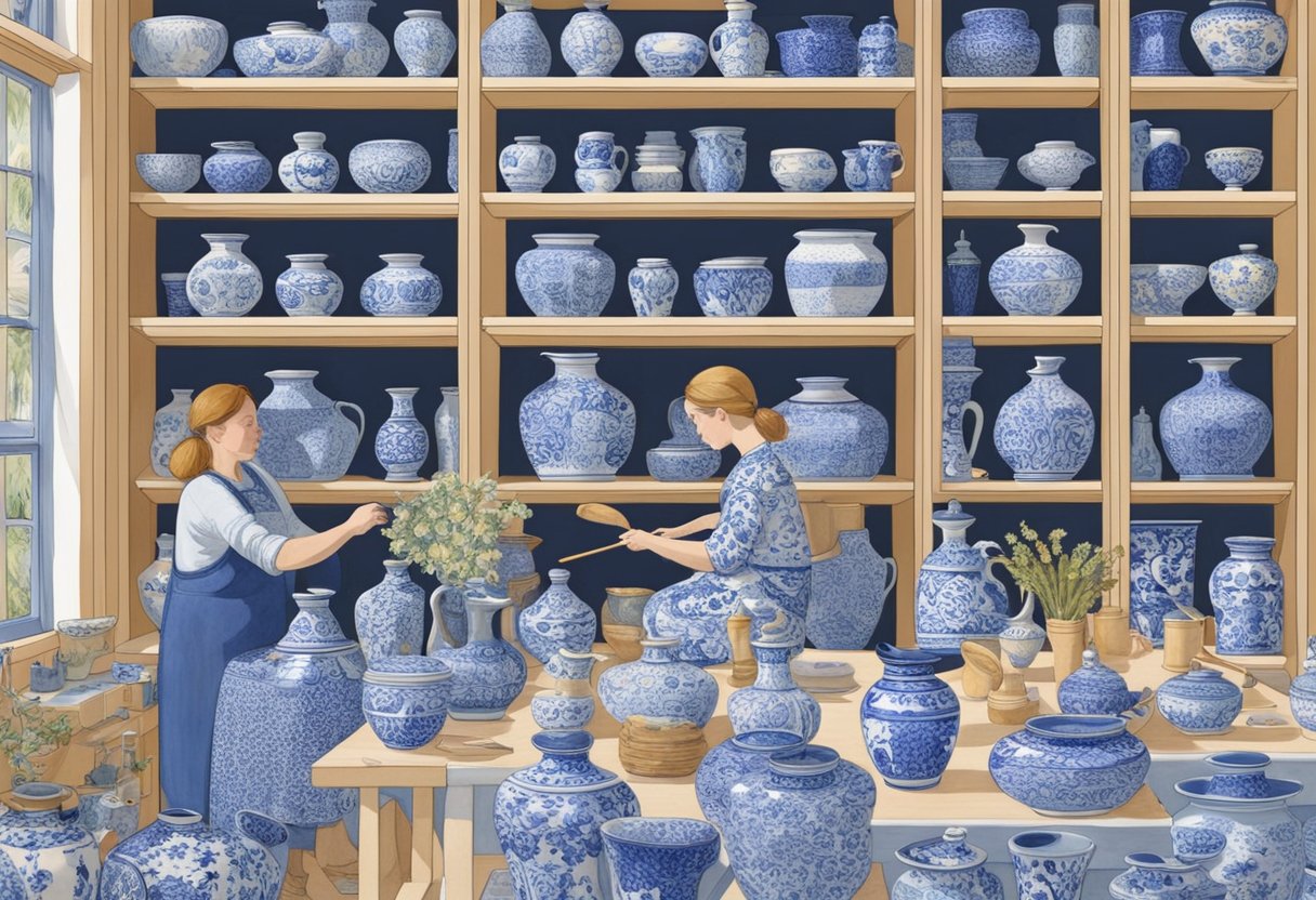 Visitors observe artisans painting delicate designs on Delft Blue pottery at De Delftse Pauw studio. The colorful pottery pieces are displayed on shelves, surrounded by paintbrushes and ceramic tools