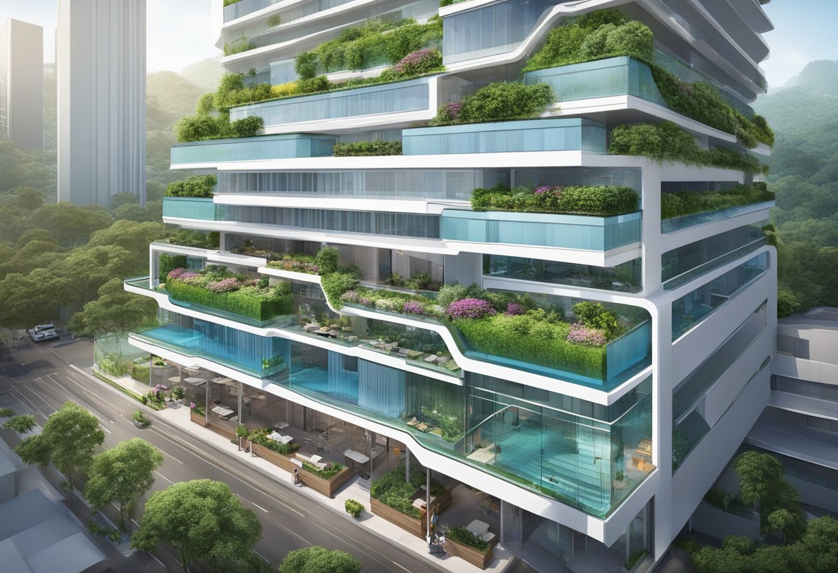 The Capri Hotel in Singapore features a modern glass façade with lush greenery cascading down the exterior. The building is surrounded by a vibrant cityscape and a bustling street below