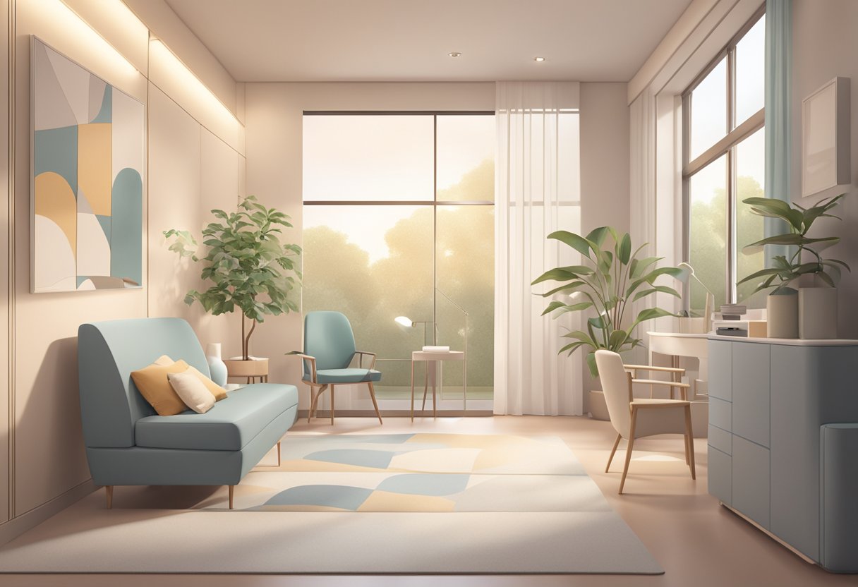 A serene clinic room with a sleek, modern design. Soft lighting and a calming color palette create a peaceful atmosphere