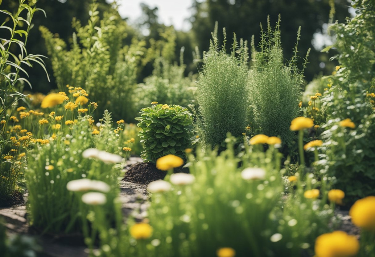 A garden with healthy plants and no signs of pests, surrounded by natural pest control methods like companion planting and insect-repelling herbs