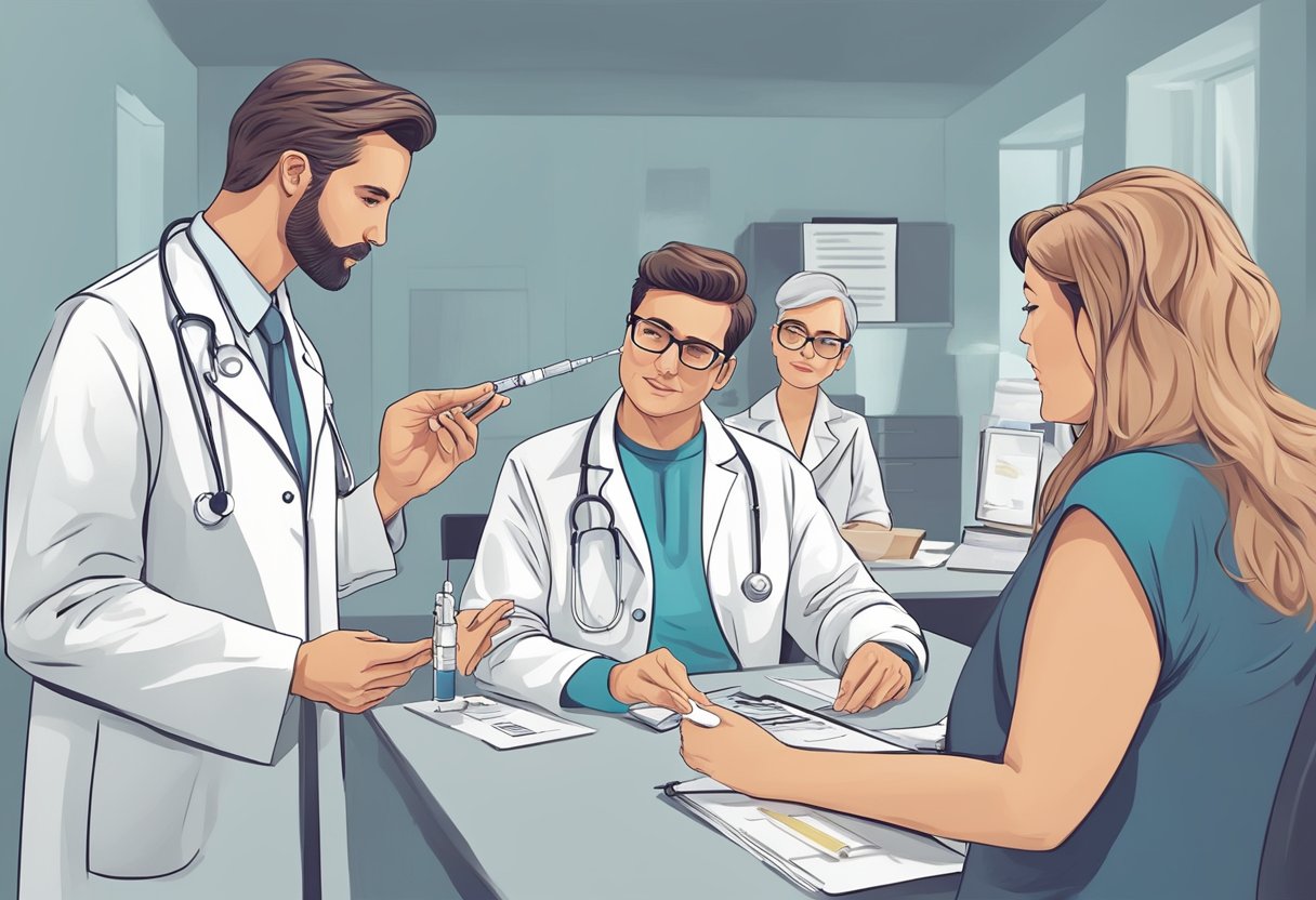 A doctor holding a syringe with a small vial of Botox, while explaining its uses to a group of interested patients