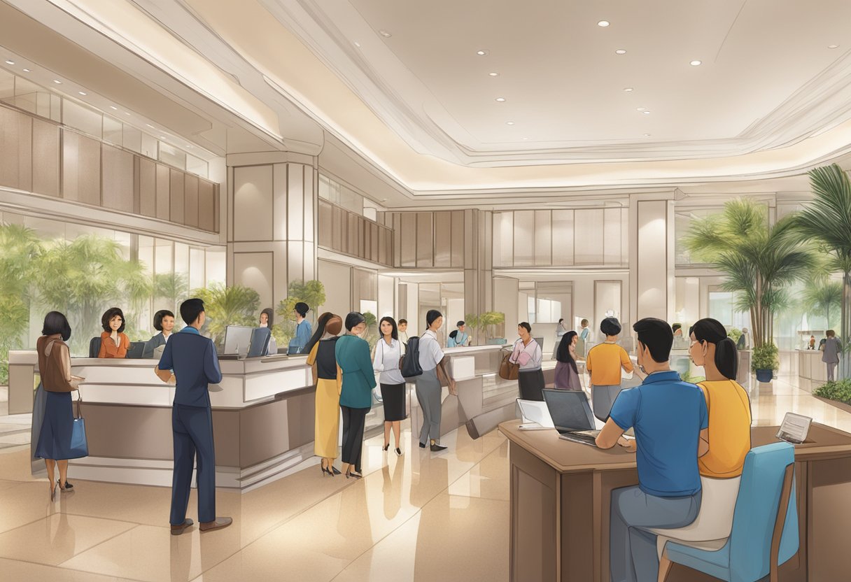 The lobby of Capri Hotel Singapore bustles with guests seeking information at the Frequently Asked Questions desk