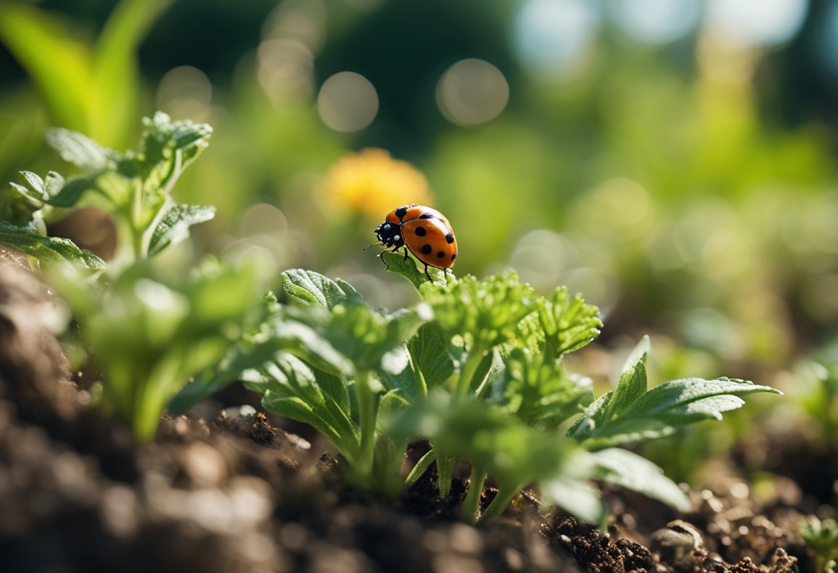 A garden with thriving plants and no signs of pests. Natural predators like ladybugs and birds are present, while non-toxic traps and barriers are strategically placed