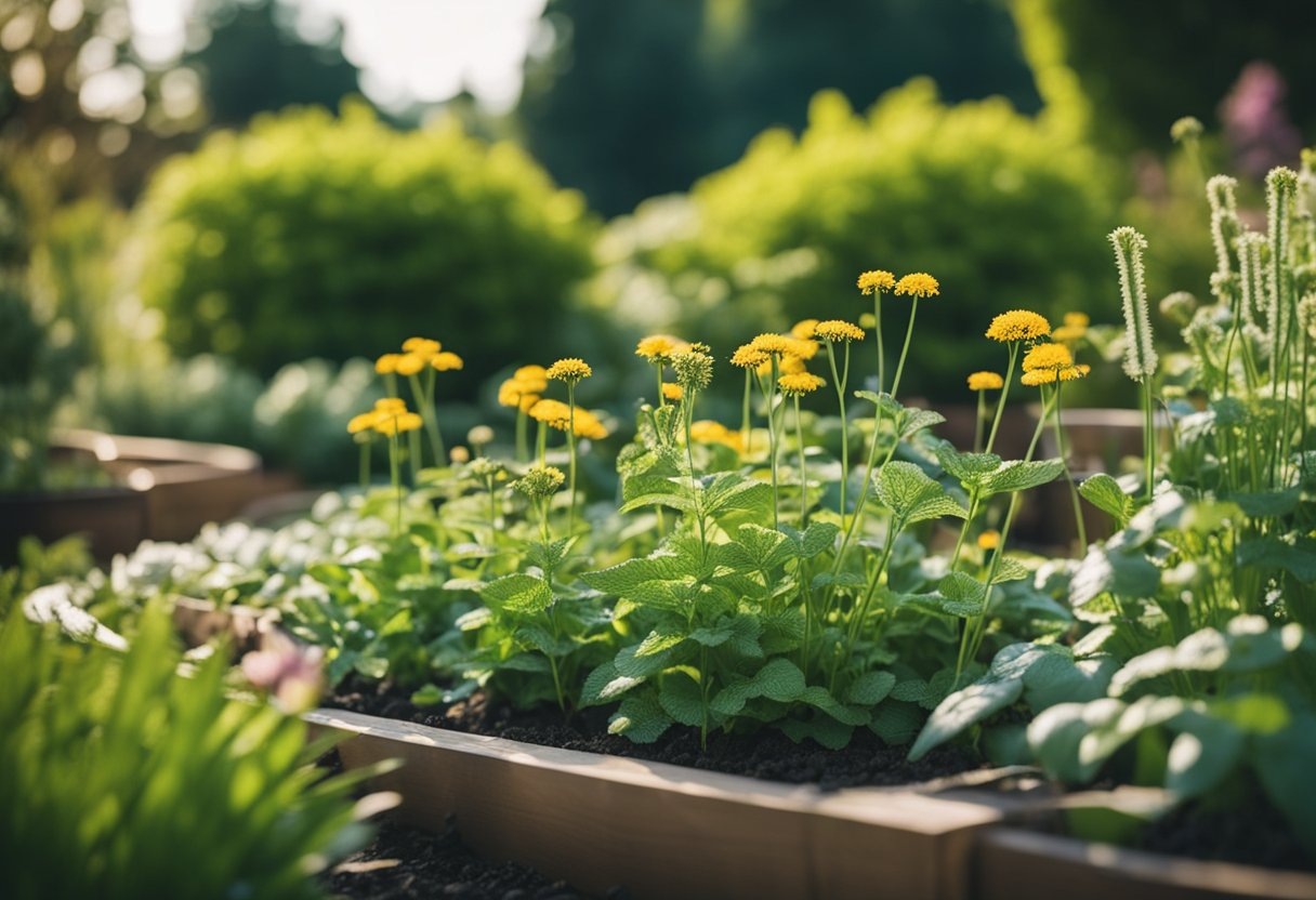 A garden with thriving plants and no signs of pests, surrounded by natural pest control methods like companion planting and insect-repelling plants