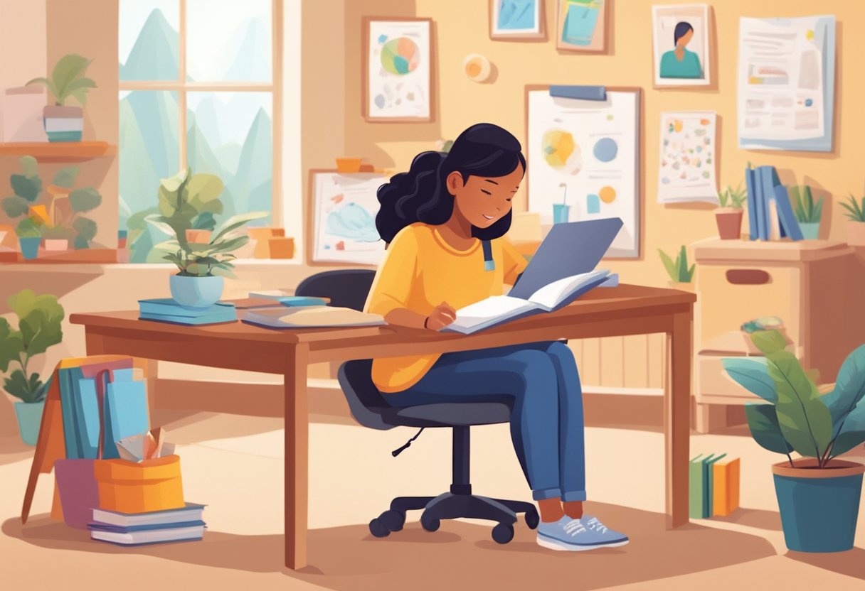 A speech therapist sits in a cozy office, surrounded by colorful posters and educational materials. A child enthusiastically practices speech exercises with the therapist's guidance