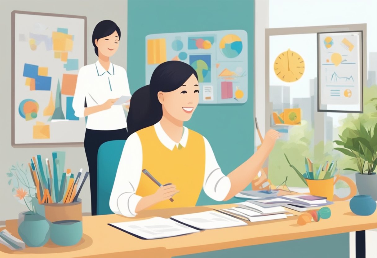 A speech therapist in Singapore conducts a session with a client, using various tools and exercises to improve communication skills