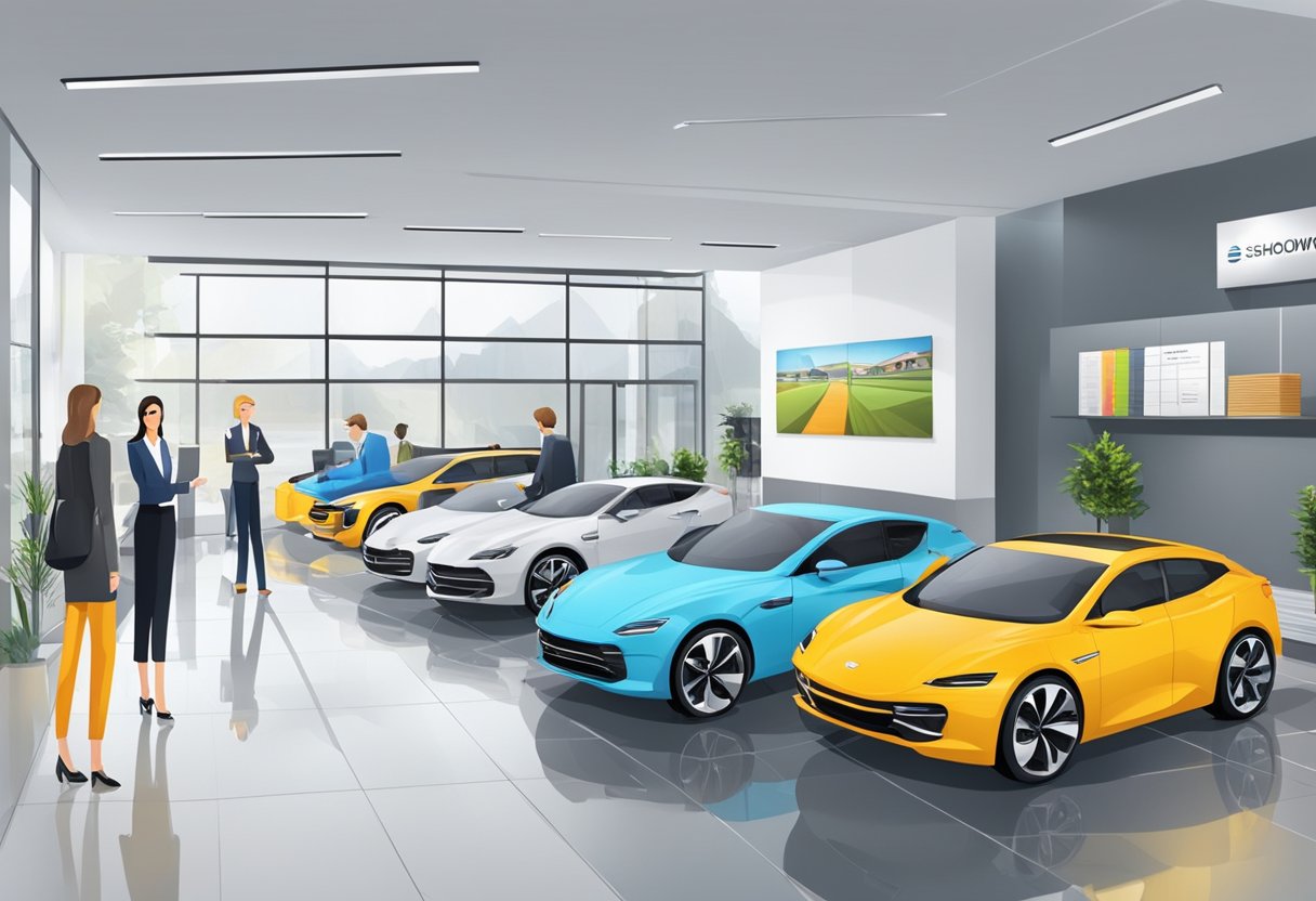 A bright, modern showroom with sleek cars on display. A customer service desk with friendly staff assisting customers. Branding and signage prominently displayed