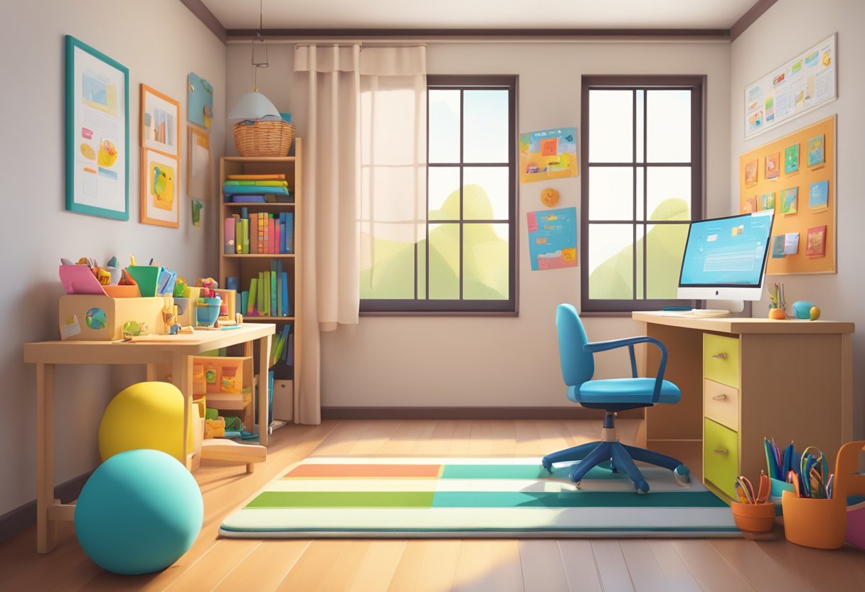 A cozy, brightly lit speech therapy room with colorful posters and toys, a comfortable chair, and a desk with educational materials and a computer