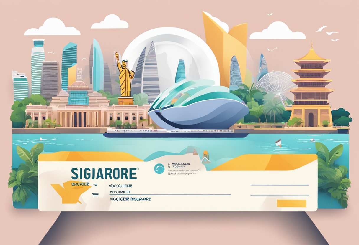 A hand holding a "Discover Singapore" voucher with iconic landmarks in the background